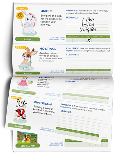 A page of cartoon characters with words and pictures.