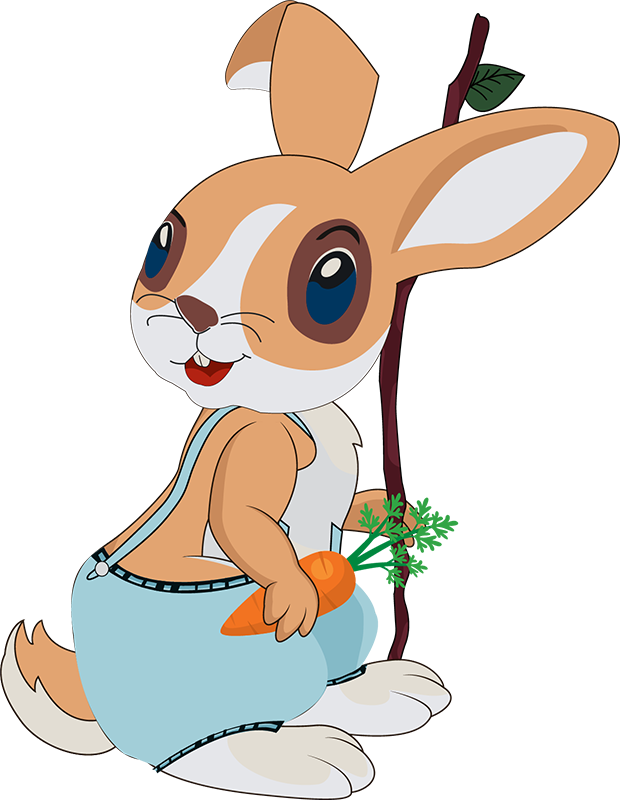 A cartoon rabbit is holding carrots in his pants.