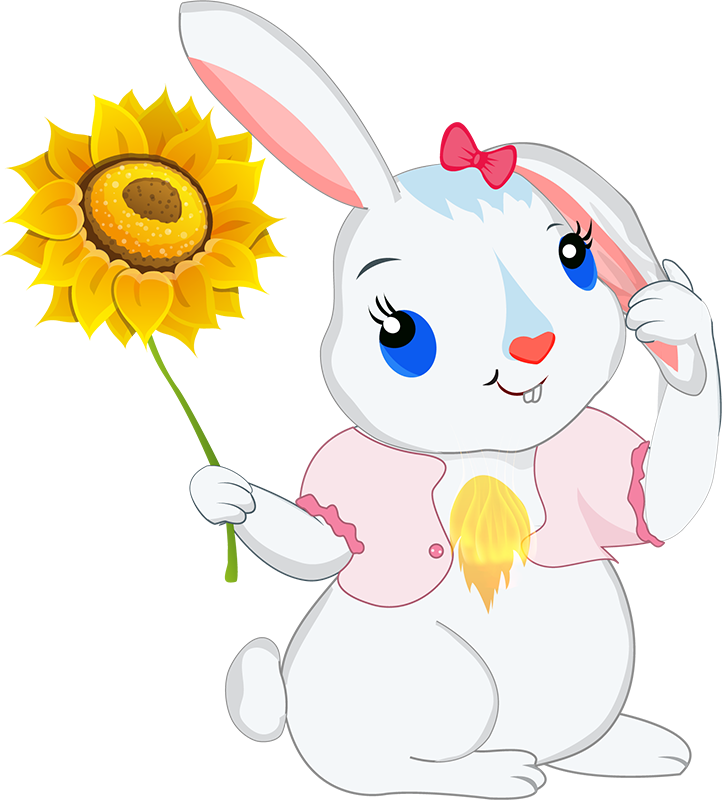 A bunny rabbit holding a sunflower in its hand.