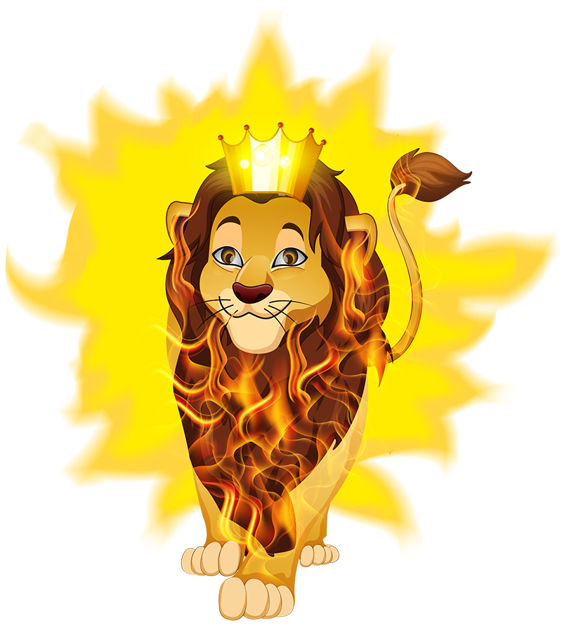 A cartoon lion with a crown on his head.