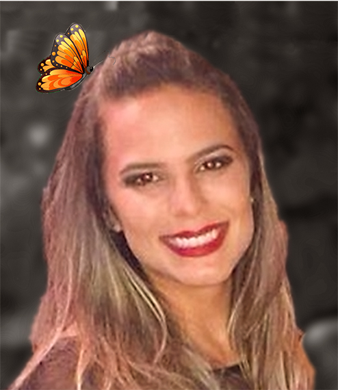 A woman with a butterfly on her head.