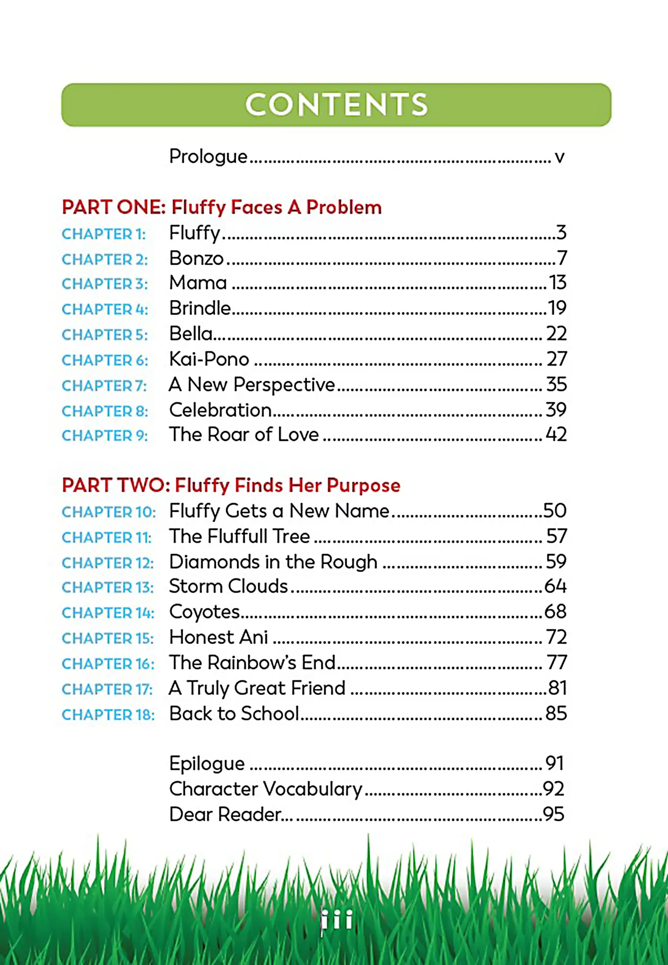 Book contents page with chapter titles.